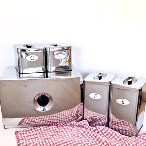Vintage Chrome Canister Set + Bread Box / Retro Kitchen / Vintage Kitchen / Chrome Canister Set / Chrome Breadbox with Shelf / 1960s Kitchen