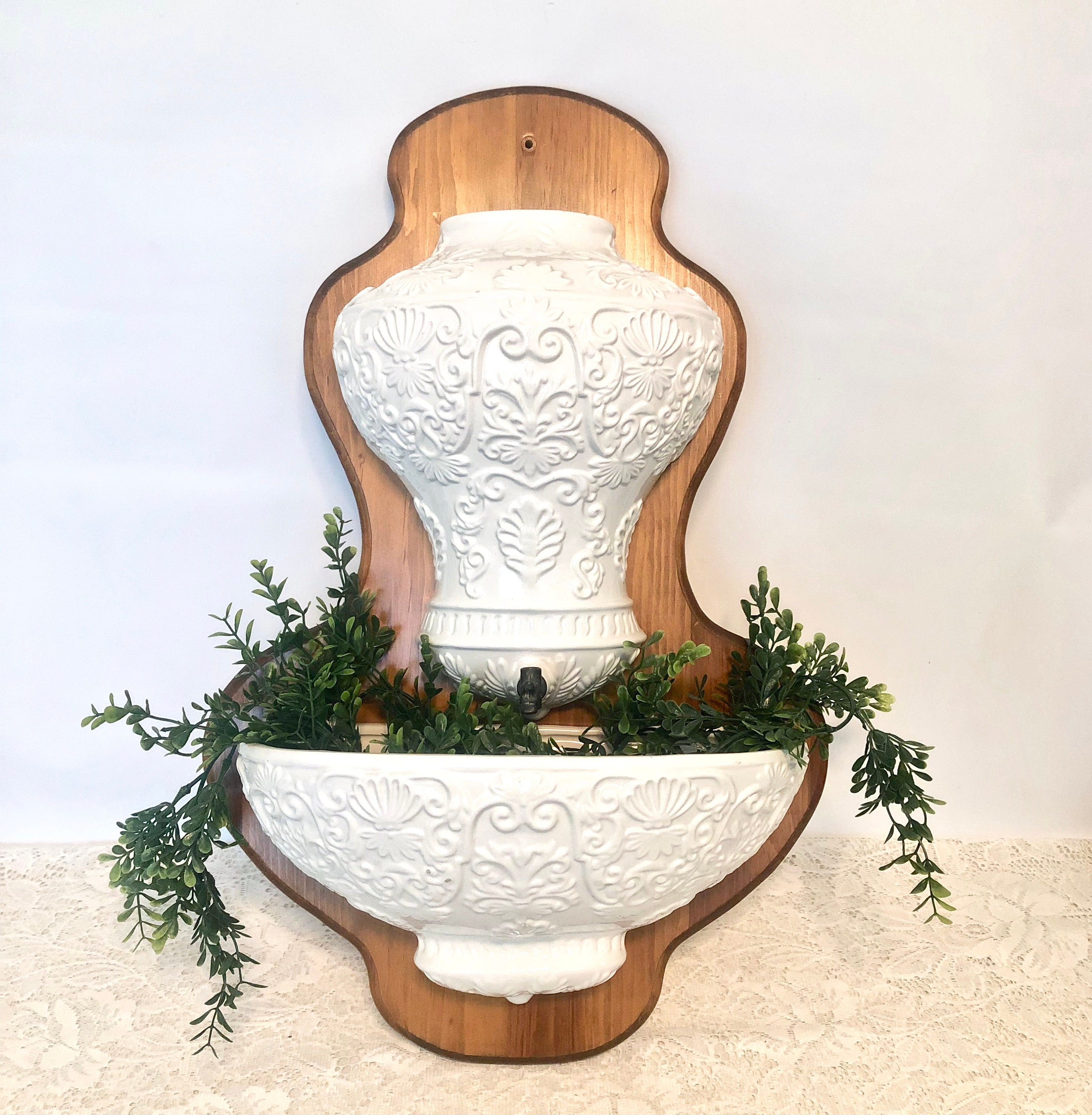 Vintage White Embossed Ceramic Lavabo & Wooden Wall Plaque / Made
