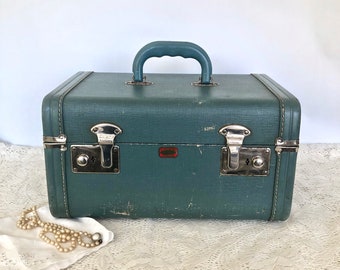 Vintage Langmuir Airway Luggage Travel Case with Mirror / Mid Century Hardshell Suitcase / Vintage Train Luggage / Weekender Makeup Case