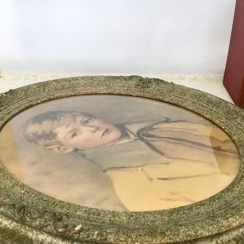 LARGE Antique Oval Frame / Victorian Frame With Print of Boy / Wood and ...