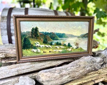 Mid Century Landscape Oil on Board Painting / European Pastoral River Scene / Romantic Old World Art / Gallery Wall Decor / Shelf Styling