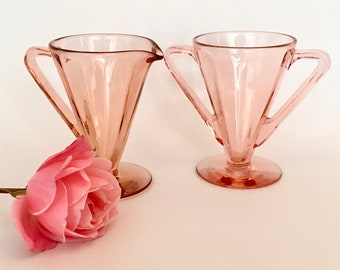 Pink Depression Glass Sugar Bowl and Creamer Set - Art Deco