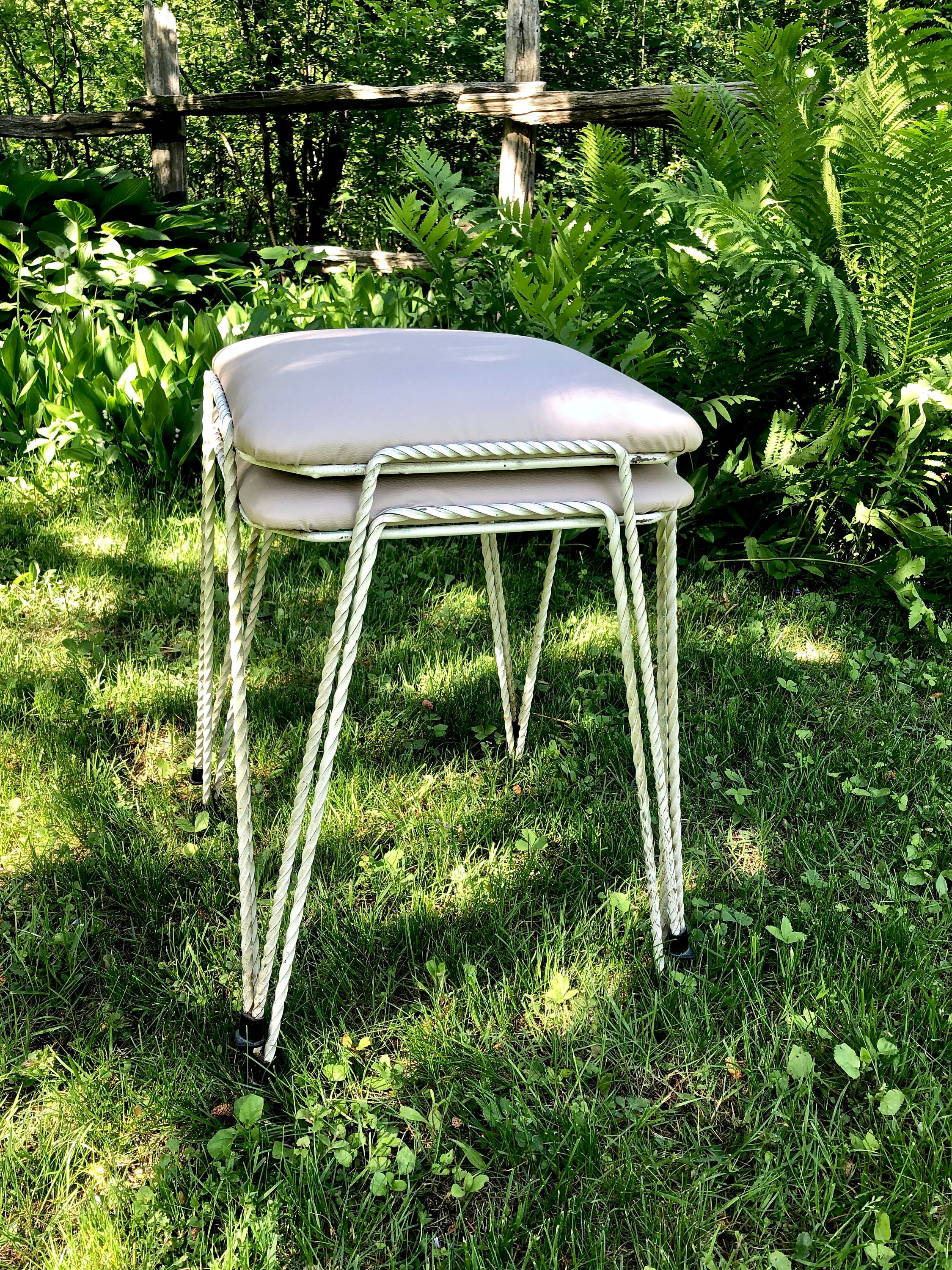 Pair Mid Century Twisted Steel Stacking Stools / Matching Stools