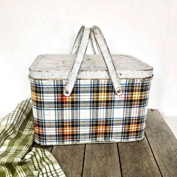 GSW Metal Plaid Tin Picnic Hamper / 50s Rustic Hi… - image 2