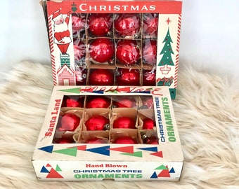 24 Solid Red Vintage Glass Christmas Tree Ornament / Vintage Mercury Glass Christmas Ornaments With Boxes / Red Glass Christmas Baubles