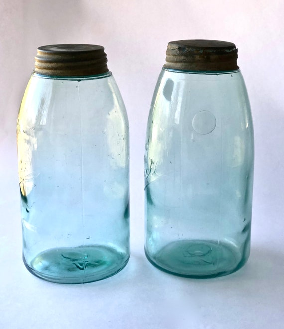 2 Antique Blue Triple L Ball Canning Jars With Zinc Lid & Milk