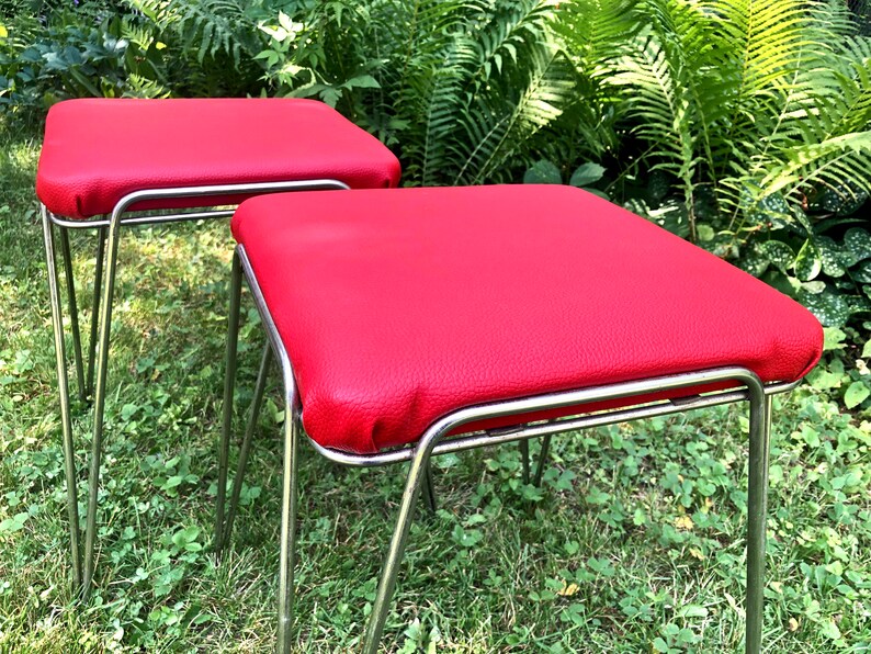 Pair Reupholstered Mid Century Stacking Stools / Matching Red Stools ...