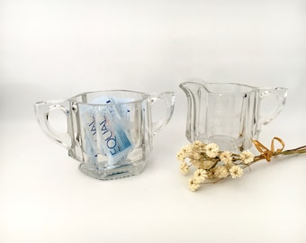 Pressed and Etched Glass Sugar Bowl and Creamer Set / Heavy Glass Sugar and Cream / Starburst Pressed Glass / Four Petal Flower Etched Glass