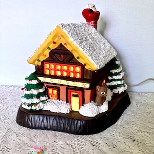 Handmade Ceramic Christmas House / Vintage Holiday Lighted Decor / Faux Snow & Illuminated Trees / “Wood” Look Base / Christmas Grandmacore