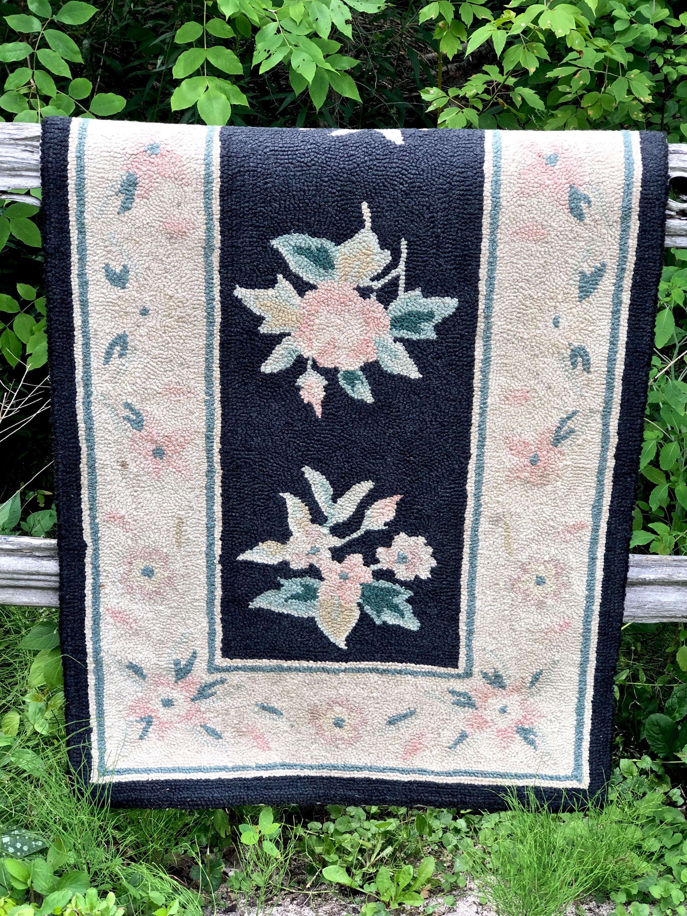 Rustic Rug Hooking Traditional Hand Hooked Rug / Vintage Floral Folk Art Rug Hooking ...