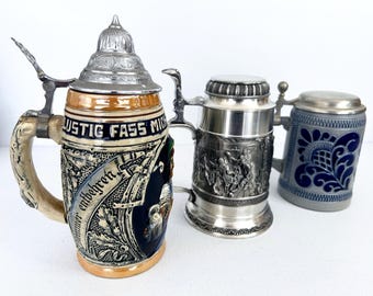 Vintage Lidded German Beer Steins / King Barmaid, Musketeers Pewter / Marzi & Remy Stoneware / Maßkrug / Bierkrug / Oktoberfest Collectible