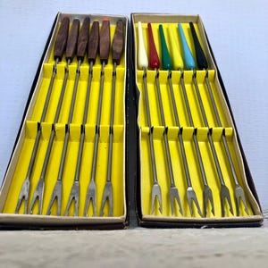 2 X 6 Piece Set of Mid Century Set Stainless Steel Fondue Forks in Original Box / Fondue Party / Mid Century Dining / Retro Fondue Fork Set