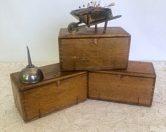 Antique Oak Folding Singer Puzzle Box / Singer Treadle Sewing Puzzle Box with Attachments / Variety of Attachments, Feet, Bobbins & Tools