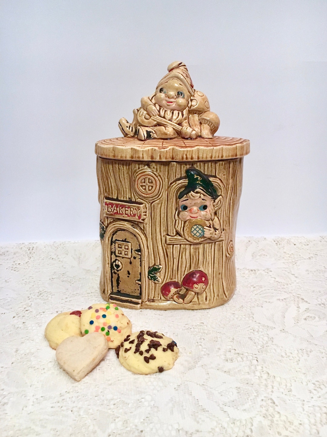 Mid Century Japan Elf Bakery Cookie Jar / Elves Bakery Cookie Jar