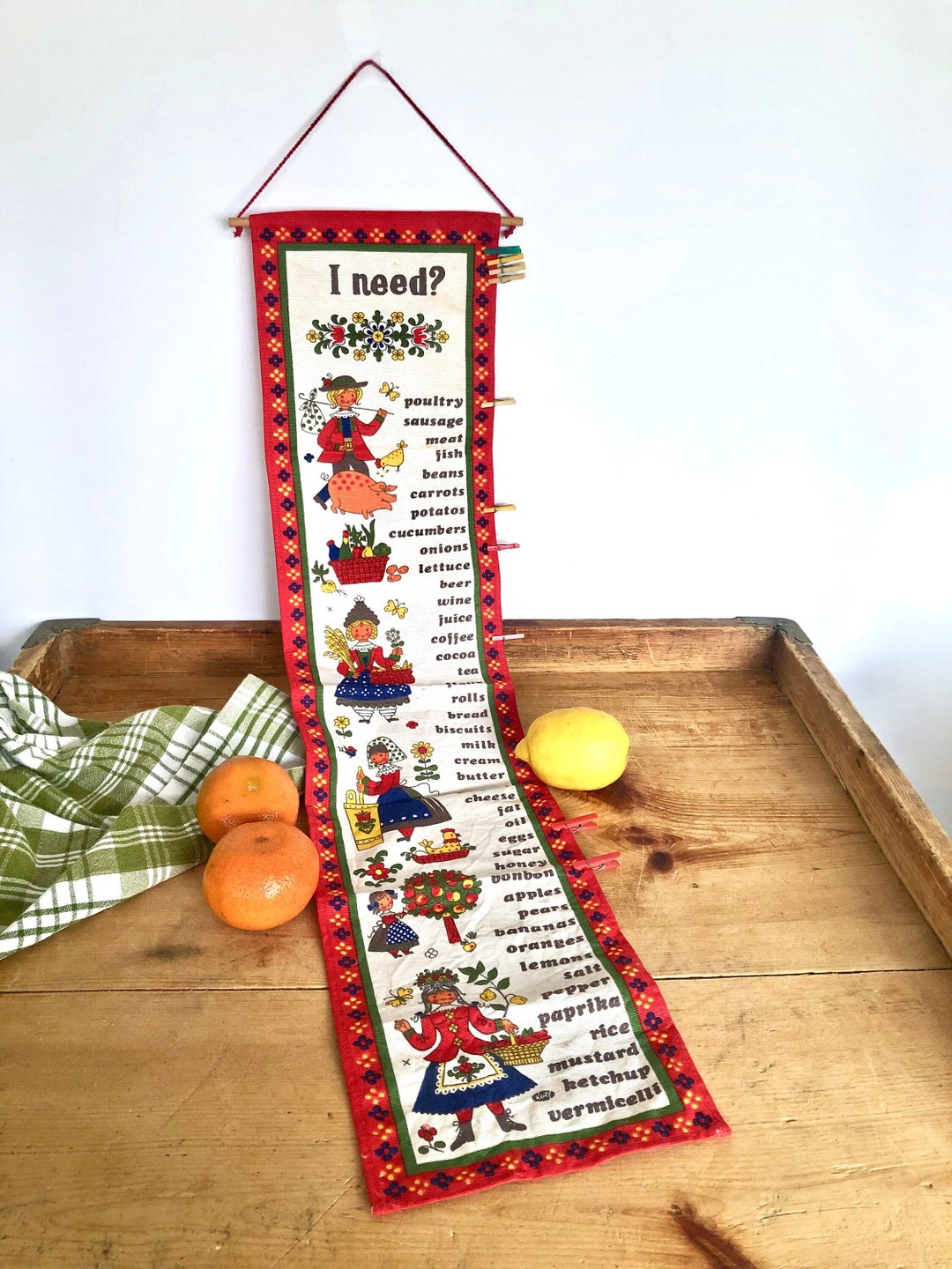 Charming Vintage Fabric Shopping List Wall Hanging With Clips Etsy