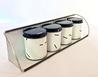 Meister Wall Mounted Spice Rack and Spice Tins / Retro Black & White Kitchen / Mid Century Kitchen Set or, Photo Prop