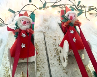 Japan Santa, His Sleigh & Reindeer  / Putz Santa / Cardboard and Mica Sleigh / Pipe Cleaner Santa / Celluloid Reindeer / Bottle Brush Trees