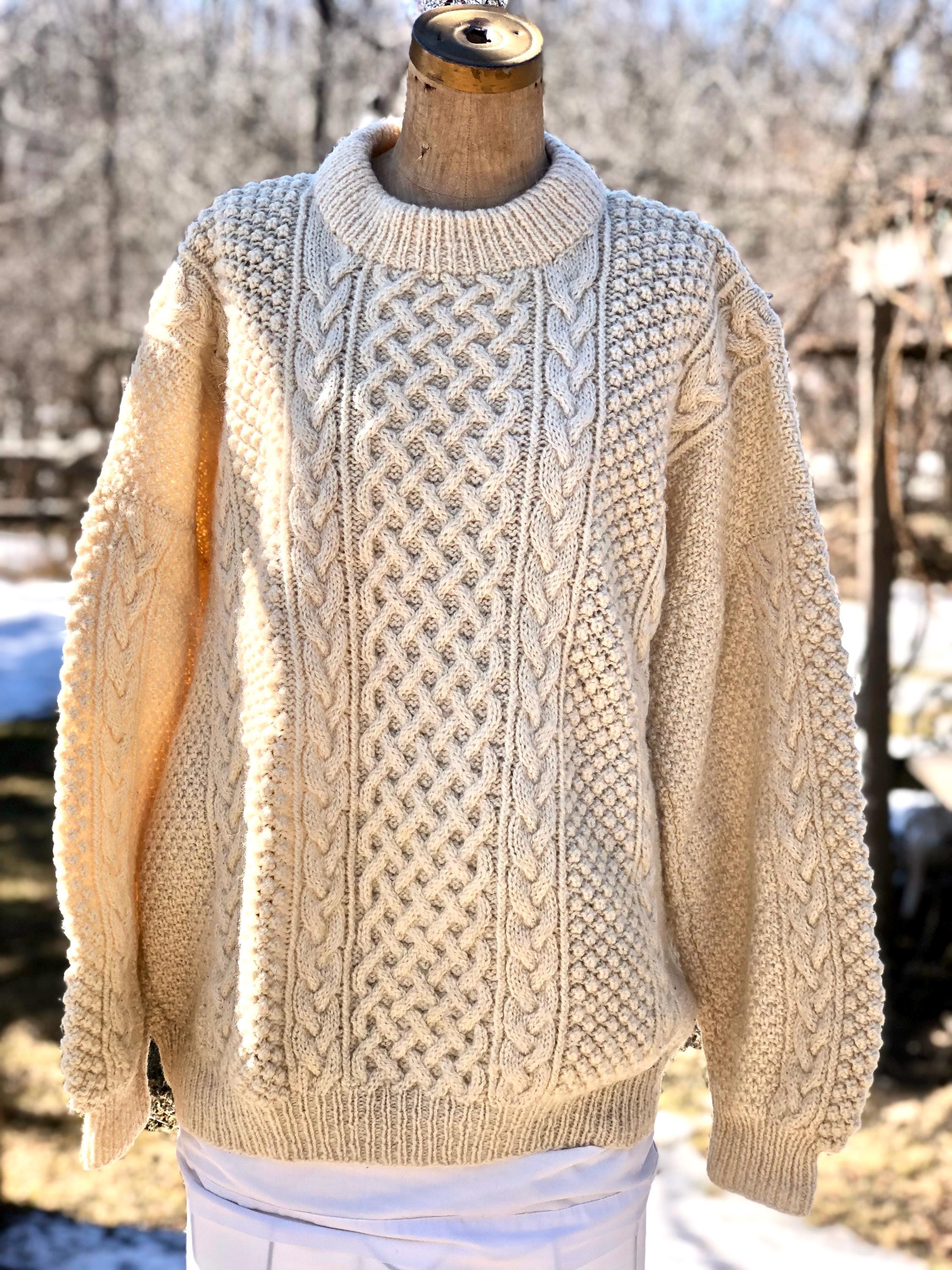 Vintage Irish Wool Sweater / Cable Knit / Drop Shoulder / Hand 