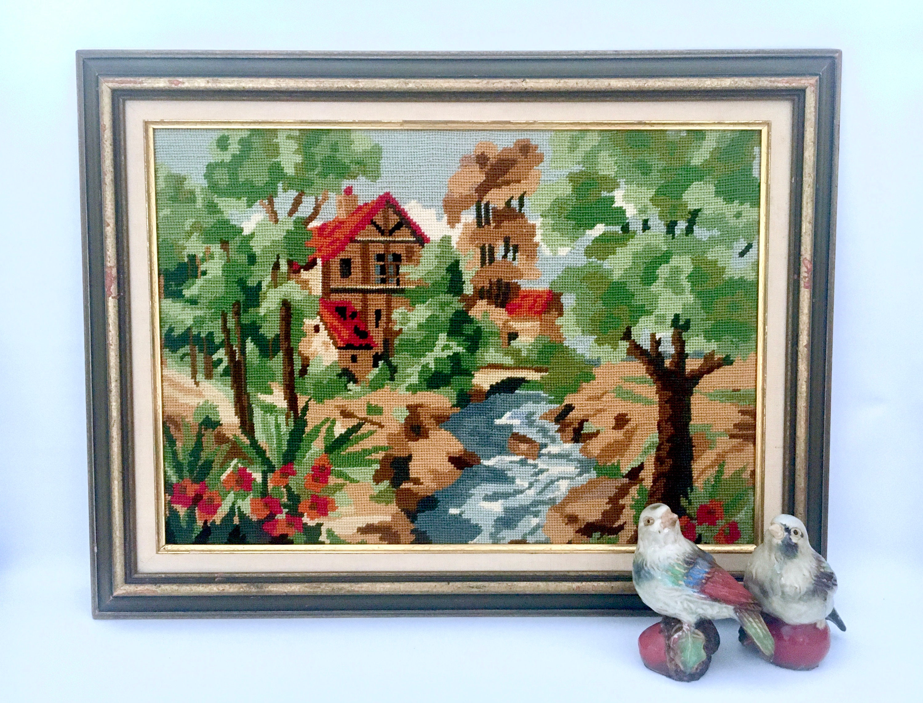 Vintage Framed Needlepoint Landscape / Finished Country House