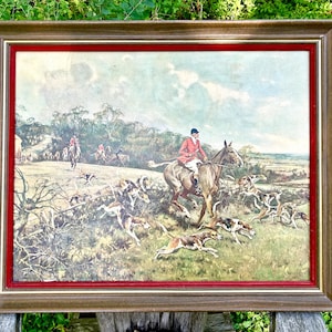Vintage Framed Gilbert Wright Art Fox Hunt Print / Raised Lithograph / English Sporting Scene / English Pub Wall Decor / Equestrian Wall Art