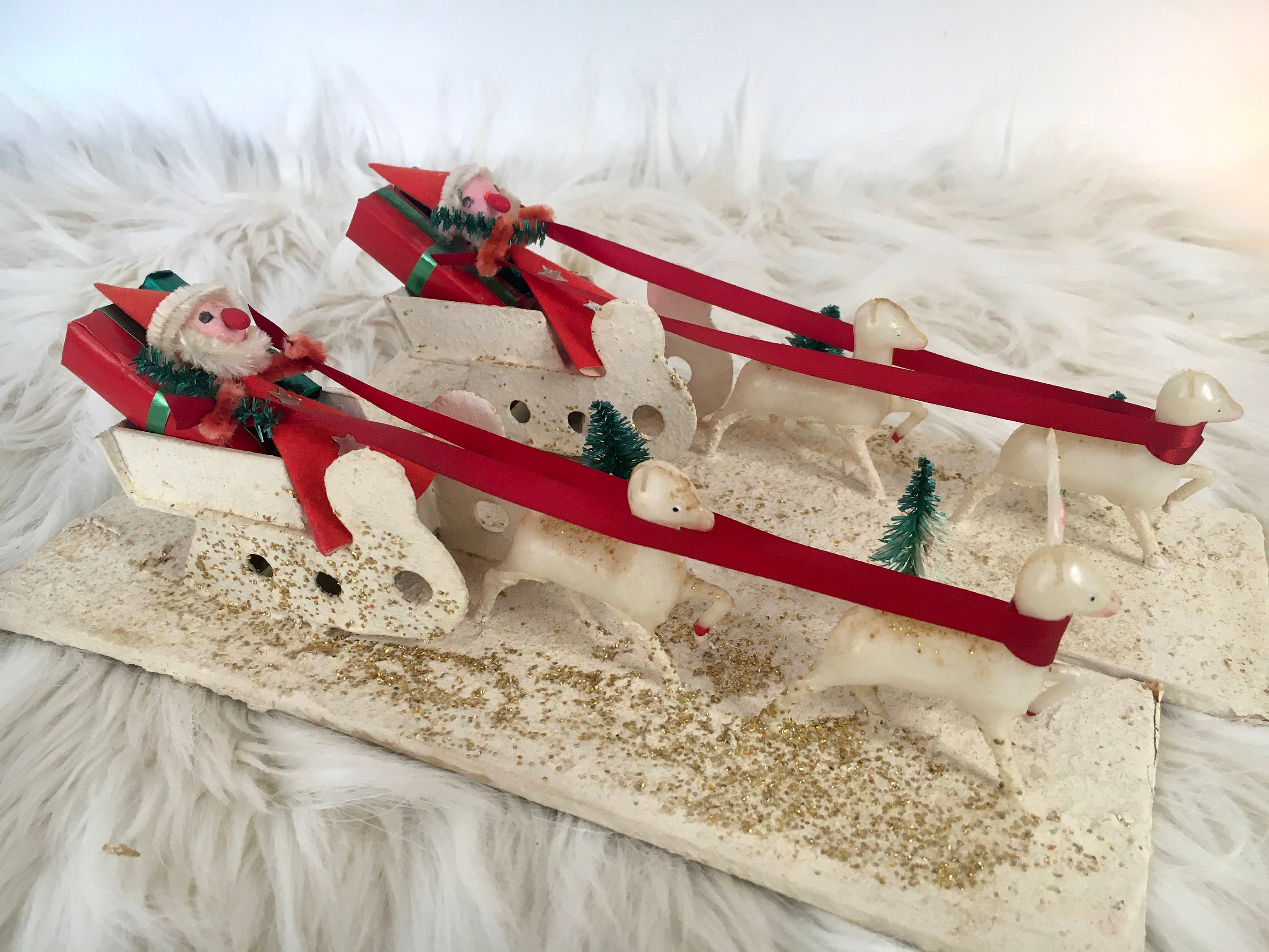 Japan Santa, His Sleigh & Reindeer / Putz Santa / Cardboard and