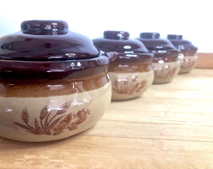 Set of 4 Ceramic French Onion Soup Bowls & Lids / Glazed Terracotta