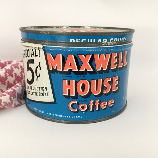 Vintage 1 lb. 454 Grams Bilingual Maxwell House Coffee Tin / Vintage Advertising / Rusty Tin Can / Special 5 Cent Maxwell House Coffee Tin