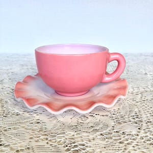 50s Hazel Atlas Pink Crinoline Milk Glass Cup and Saucer Set