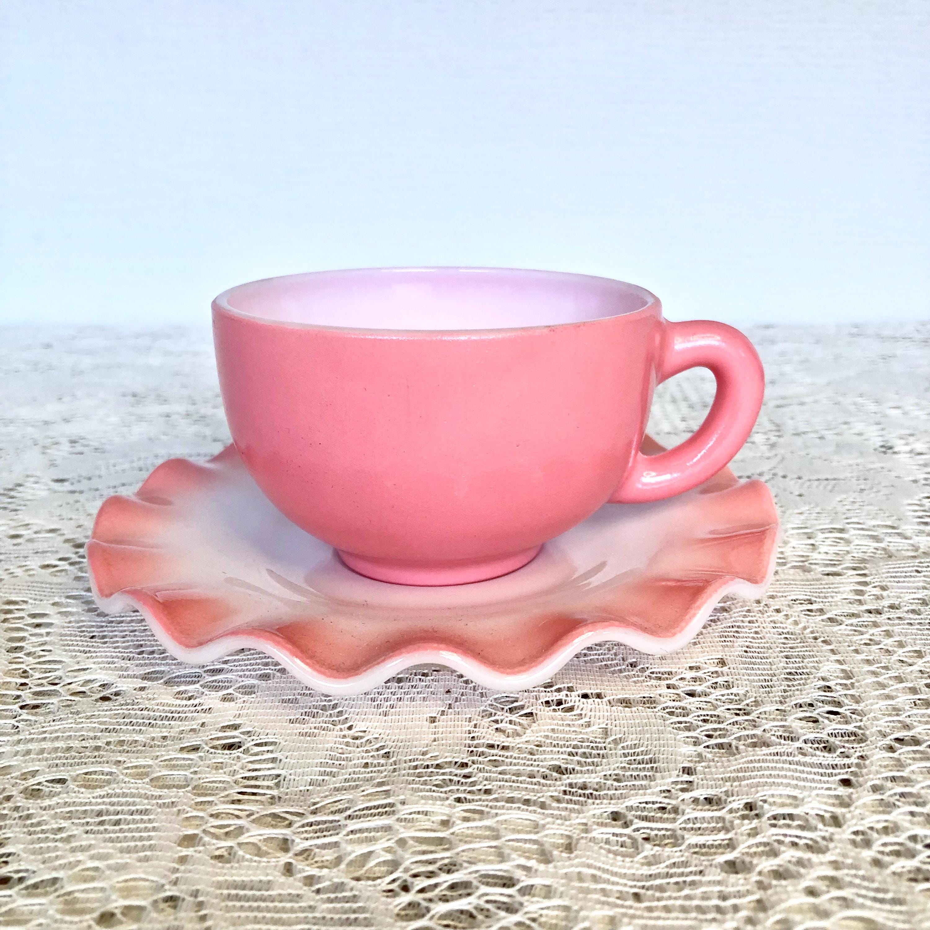50s Hazel Atlas Pink Crinoline Milk Glass Cup and Saucer Set