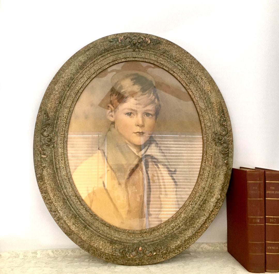LARGE Antique Oval Frame / Victorian Frame With Print of Boy / Wood and Plaster Frame / Arthur