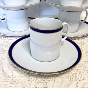 Thomas Rosenthal Teacups and Saucers  / White with Navy & Gold Trim / Midcentury Modern Tableware / Made in Germany / Bauhaus Design