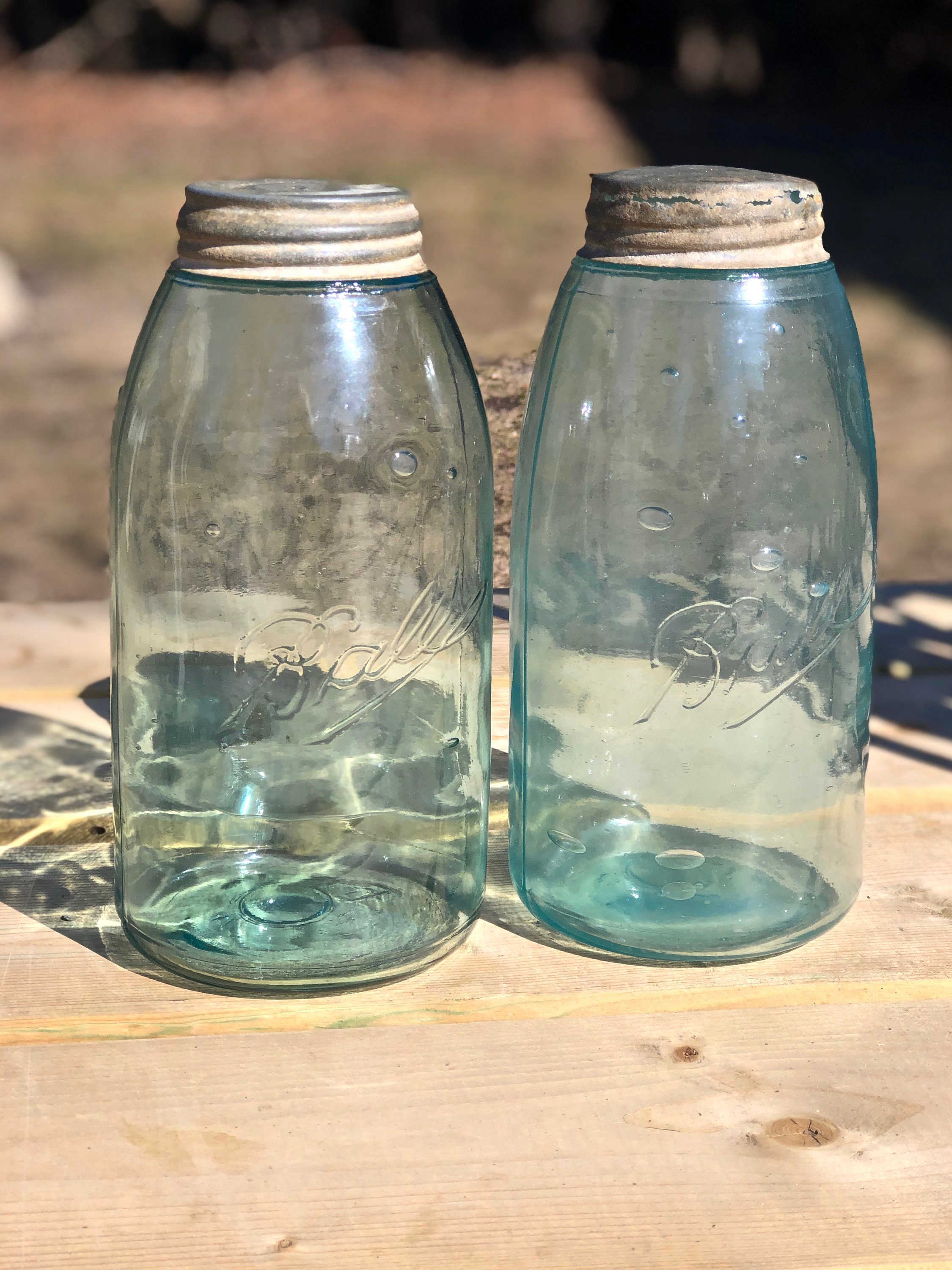 2 Antique Blue Triple L Ball Canning Jars With Zinc Lid & Milk