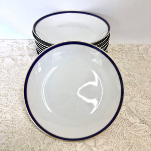 Thomas Rosenthal 9&quot; Shallow Soup or, Salad Bowls / White with Navy & Gold Trim / Midcentury Modern Tableware / Made in Germany / Bauhaus