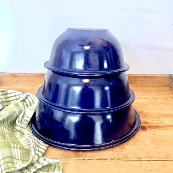 3 Piece Pyrex Corning Cobalt Blue Clear Bottom Mixing Bowls (1L