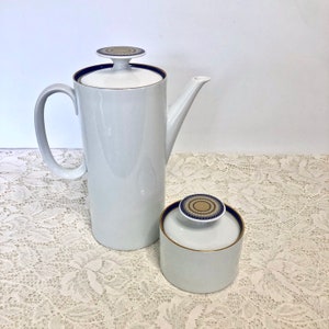 Thomas Rosenthal Coffee Tea Pot  / White with Navy & Gold Trim / Midcentury Modern Tableware / Made in Germany / Bauhaus Design
