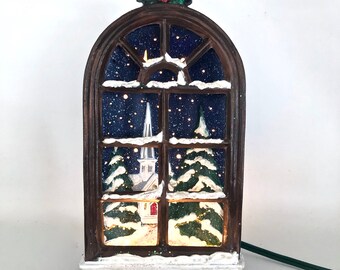 Arched Window Village Church Scene Lamp /  Hand Painted Ceramic Christmas Diorama Light / Christmas Village Light / Glittery Xmas Decor