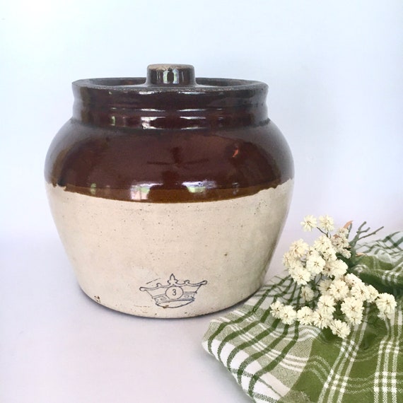 Two-tone Glazed 3 Quart Bean Crock / Single Handle Blue Crown Pottery 3 Qt.  Crock / Primitive Ransbottom Crock / French Canadian Bean Pot 