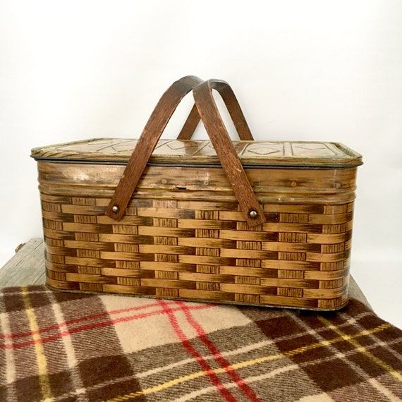 Vintage Faux Basket Weave Metal Picnic Hamper / 1940s Hinged Picnic