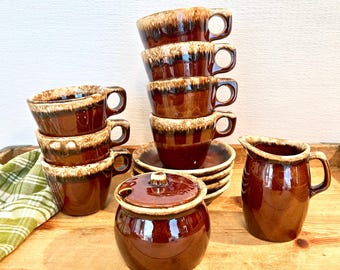 Hull Pottery Brown Drip Coffee Tea Set / 14 Piece USA Pottery Set / Hull Oven Proof / Mid Century Brown Drip Glaze  / Retro Kitchenware