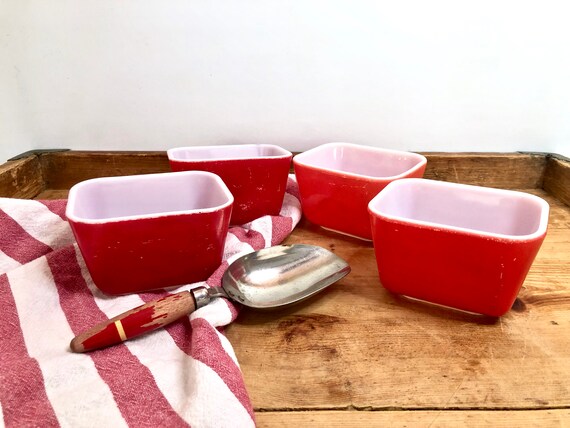 2 X Vintage Pyrex Red Fridgies Without Lids / Primary Red Pyrex