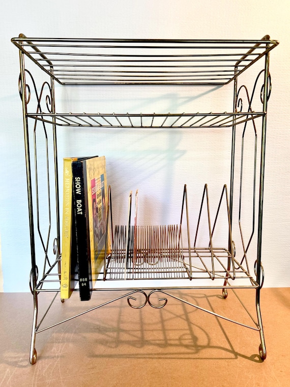 Mid Century Floor Model Metal Record Stand / Brass Look Wire