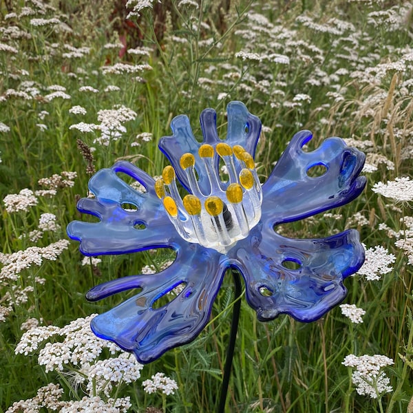 Organic fused glass flower sculpture: Blue transparent variation