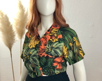 Vintage blouse met korte mouwen Hawaiiaans overhemd, damesviscose blousemaat. 42/Amerikaanse maat 10