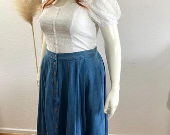 Vintage skirt, pleated skirt, denim skirt, midi length, summer skirt, autumn skirt, cotton skirt with pockets, size 48/US 14