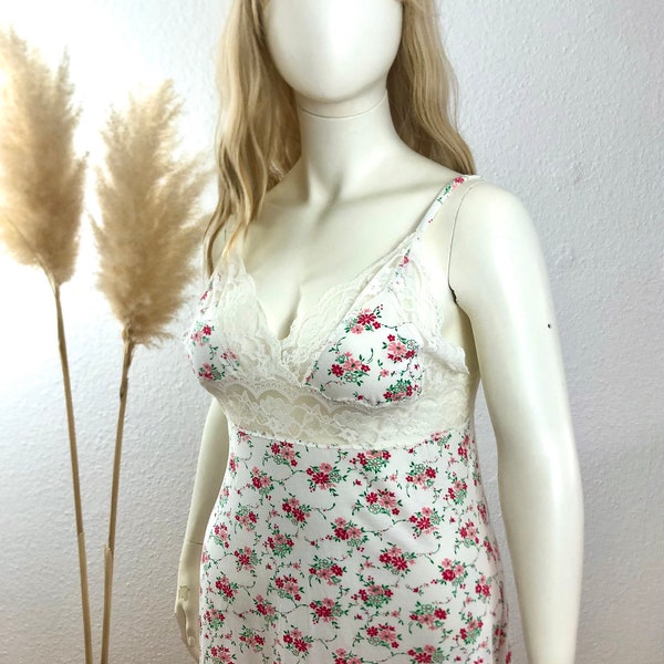 Chemise de nuit vintage déshabillé longue dentelle blanche/rose taille. L