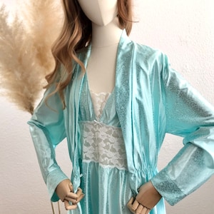 Vintage Negligee Nightdress Dressing Gown Set Women Turquoise/white Size 38/US 6