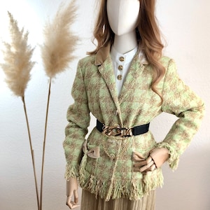 Y2K Vintage Blazer Boucle Fringes green/beige size 42/US 10