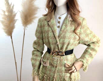 Y2K Vintage Blazer Boucle Fringes green/beige size 42/US 10