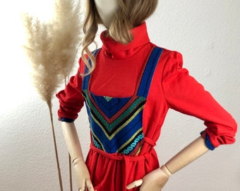 Vintage jersey jurkje jaren 70 rood/blauw maat. 36-38/VS 4-6