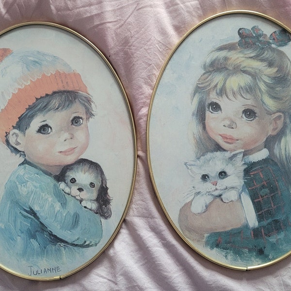 Vintage Pair of Julianne Original Framed Prints Oval- Gold Frame- Retro Kitsch 60s 70s MCM Big Eye Puppy Cat Cute Mid Century